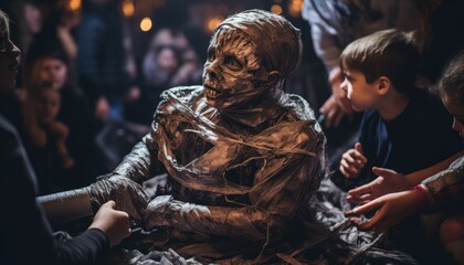 Photo of a group of people admiring a mummy dressed child in a public space at halloween