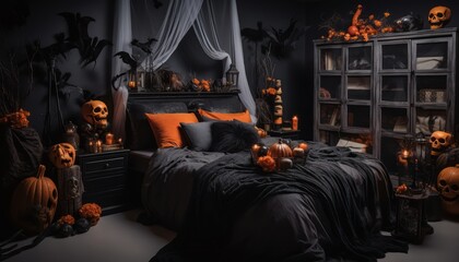 Photo of a Halloween-themed bedroom with black and orange decorations