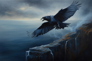 Fototapeta premium Illustration of raven flying over dark cliffs by the sea.