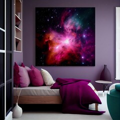 modern living room with sofa and galaxy painting