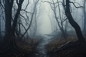 Wald mit gruseligen Bäumen - Halloween Nebel Dunkel