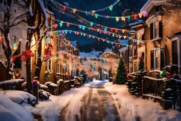 A snowy street with houses decorated with colorful Christmas lights and decorations. - obrazy, fototapety, plakaty