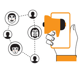 Network marketing, referral program.Refer a friend concept.Business partnership.Referral program strategy. Business partnership.Affiliate marketing concept.Cartoon hand holding smartphone megaphone.