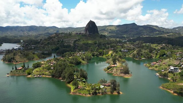 Stunning Aerial View of Guatape (Piedra de Penol) parallax movement, Medellin in Colombia 2023