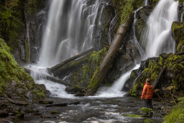 Fototapeta premium Hiker enjoying the waterfall
