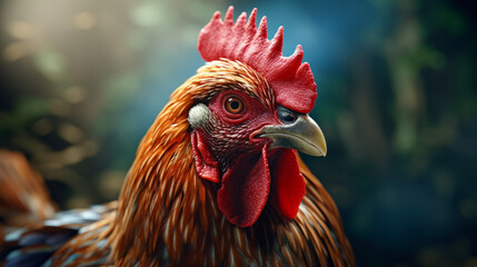 A close-up of a majestic rooster with a blurred background