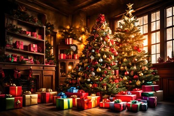 A group of colorful gift boxes piled under a beautifully lit Christmas tree. - obrazy, fototapety, plakaty