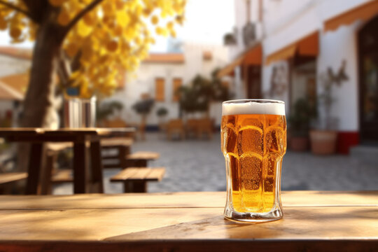 pinte de bi&egrave;re pos&eacute; sur une table en bois en terrasse d'un bar en &eacute;t&eacute;