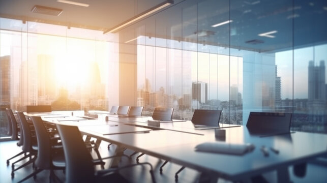 Blurred modern conference room interior with city view and daylight.