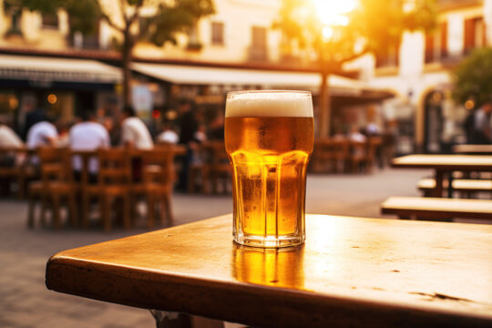 pinte de bi&egrave;re pos&eacute; sur une table en bois en terrasse d'un bar en &eacute;t&eacute;