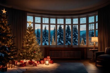 A warmly lit room with a window overlooking a snowy landscape and a lit-up Christmas tree inside. - obrazy, fototapety, plakaty