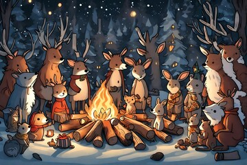 A group of woodland creatures gathered around a glowing campfire on Christmas Eve.