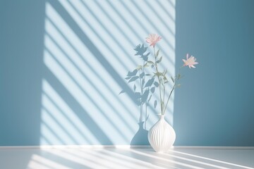 Background with blue walls, beautiful shadows, empty floor and plant