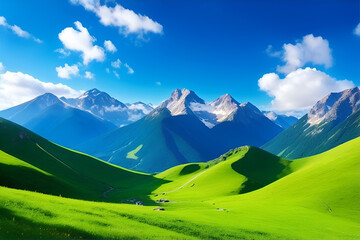 The blue mountain and topped on the top by snow with the blue sky and white cloud and green meadow , created by AI , nothing is real. 