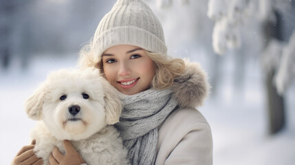 Beautiful young woman with dog in winter park. Girl in warm clothes.