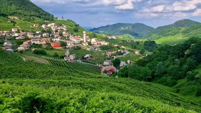 Valdobbiadene Prosecco Hills Treviso Italy Scenic Vineyards and villages. Landscape Wine Route UNESCO World Heritage Site Veneto Countryside Panoramic Travel Video 4K UHD