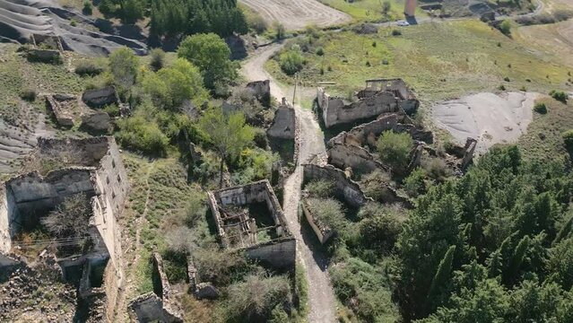 Aerial drone video of a ghost town in Spain named Esco