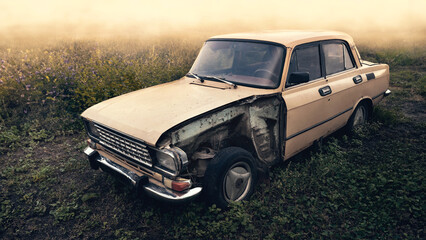 Fototapeta premium Old car. Rusty car. Disassembled abandoned car in a field