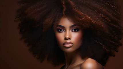 Behold the striking beauty of an African American lady in this portrait, accentuating her afro hairstyle and captivating makeup..
