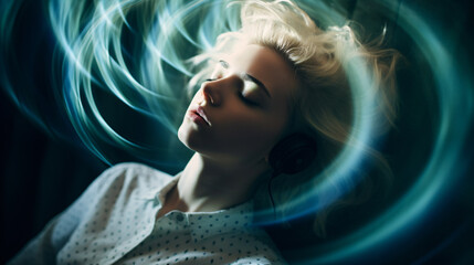 An out-of-focus image portrays a woman in the midst of a vertigo, dizziness, or inner ear health concern..