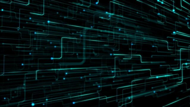 Abstract digital circuit board styled background with fast moving glowing digital data nodes streaming past the camera. This modern technology motion background is full HD and a seamless loop.