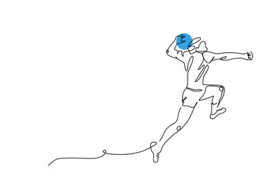 Handball player throws the ball. One continuous line art drawing of handball player in jump