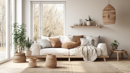 Fototapeta na wymiar The stylish boho composition at living room interior with design beige sofa, coffee table, wicker baskets and elegant personal accessories. Brown and white pillows and plaid Cozy apartment. Home decor