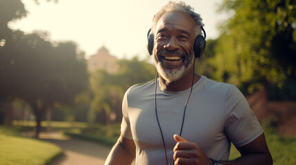 A senior male athlete, filled with motivation for fitness, enjoys his outdoor run in the park,...