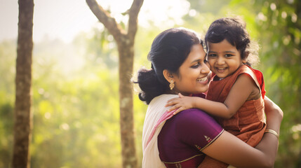 Amidst the beauty of nature, an Indian mother and her daughter savor each other's company, celebrating their unbreakable bond - Powered by Adobe