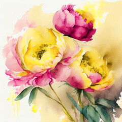 Peony flowers in watercolor style. Yellow and pink peony flowers in bloom.