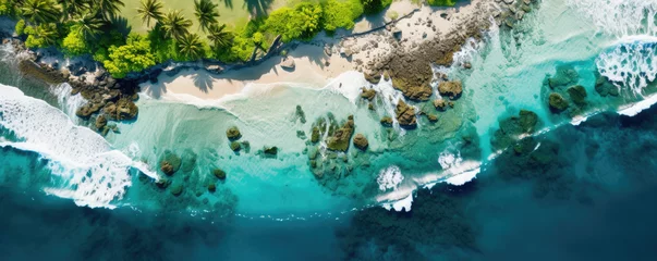 Schilderijen op glas Drone shot of a remote tropical island, featuring turquoise waters, palm-fringed beaches, and coral reefs from above © thejokercze