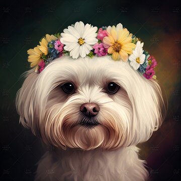 Oil painting of a bichon frise dog wearing a wreath of flowers and leaves on its head
Image generated with artificial intelligence, AI-illustrated