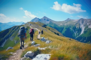 Naklejka na ściany i meble Nature's High: Hiking Bliss in Summer Mountains