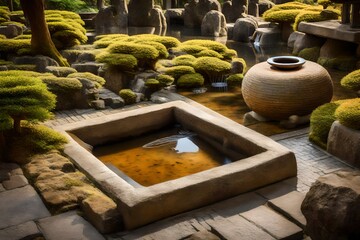 Decorative stone water basin in garden 