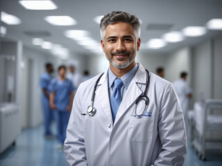A cheerful doctor in a lab coat, surrounded by medical equipment, smiles warmly at the camera, radiating competence and approachability.




