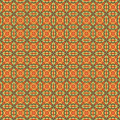 quadratische fläche aus 9x9 einzelnen nahtlos miteinander verbundenen quadraten gefüllt mit einem abstrakten vorwigend orangem muster, mosaik, teppich,   © Michael