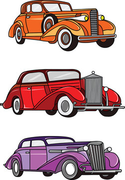 set of vintage illustration cars isolated in white background