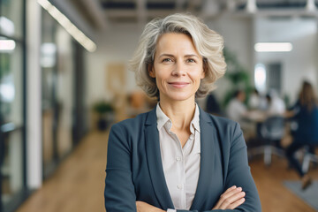 Portrait of a smiling mature businesswoman 55 years old in the office - obrazy, fototapety, plakaty