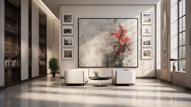 A contemporary galery room with fine honed marble walls is adorned with a blank poster frame.