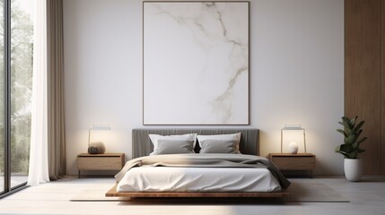 A Mockup poster blank frame, artfully suspended on a marble wall, offering a focal point above a modern bed, within the confines of a tastefully designed modern living room. Presented in