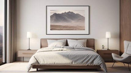 A Mockup poster blank frame, artfully displayed on a marble wall, evoking a sense of modernity above a luxurious modern bed, nestled in an impeccably designed living room. Captured in stunning