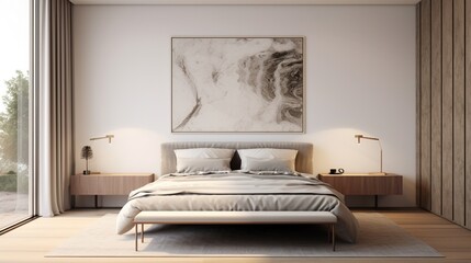 A Mockup poster blank frame, delicately adorned on a marble wall, enhancing the ambiance around a modern bed, harmonizing with carefully chosen furniture in a modern living room .
