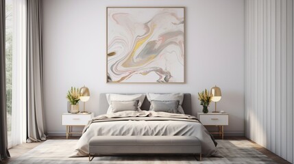 A Mockup poster blank frame, delicately adorned on a marble wall, adding an artistic touch above a modern bed, harmonizing with thoughtfully chosen furniture in a modern living room.