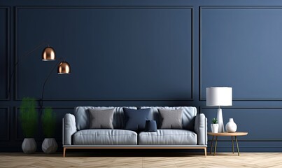 Mockup living room interior with sofa on empty dark blue wall background, Generative AI 