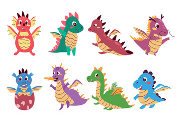 Set of Cute baby dragons. Happy fairy animals. 
