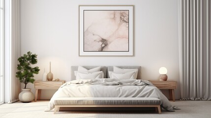 A Mockup poster blank frame, delicately adorned on a marble wall, adding an artistic touch above a modern bed, harmonizing with thoughtfully chosen furniture in a modern living room. 