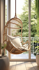 A cozy swing chair hanging from a window in a beautifully decorated room