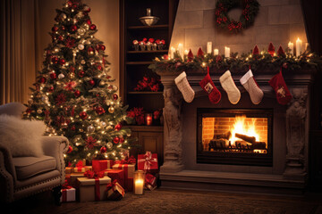Christmas living room scene with a beautifully decorated tree, stockings hung by the fireplace, and warm, glowing lights