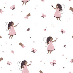 Seamless pattern with cute fairy girl, butterfly and comet