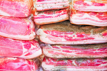 Bacon, lard, packaged salted pork with spices. Meat background